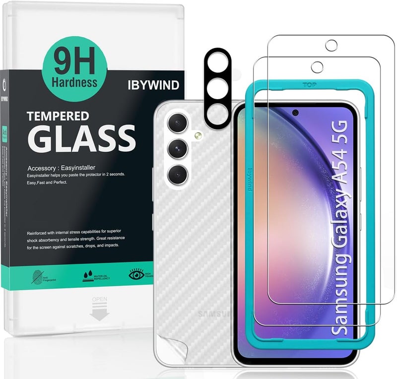 Ibywind Screen Protector For Samsung Galaxy A54 5G(6.4 Inches),with 2Pcs Tempered Glass,1Pc Camera Lens Protector,1Pc Backing Carbon Fiber Film[Fingerprint Reader,Easy to install,HD Clear] - Image 1