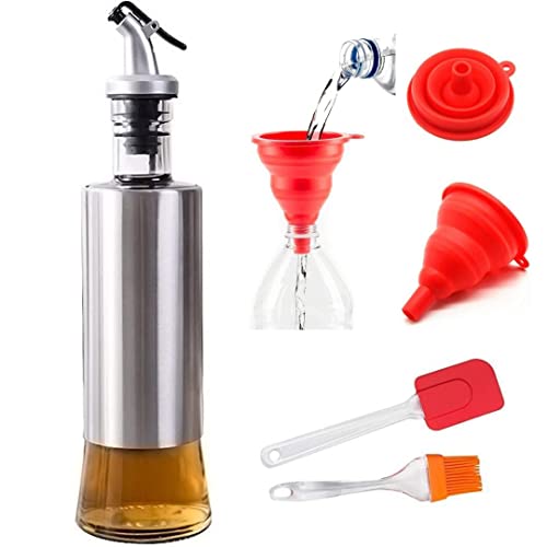 FOMQUAZLI Stainless Steel Leak Proof Dispenser Bottle, Glass Cooking Oil & Vinegar Cruet for Kitchen and BBQ Combo(1 Oil Bottle+1 Silicone Funnel+1 Oil Brush Spatula) - Image 1