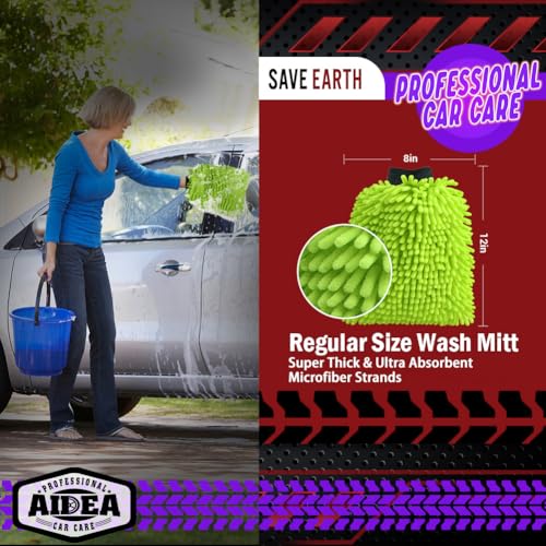 AIDEA Car Wash Mitt Microfiber 2PK Scratch Free LintFree Premium Chenille Microfiber Mitt Car Wash Brush Green Blue Extra Large Size 8X12 - Image 3