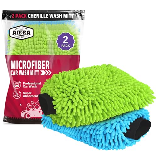 AIDEA Car Wash Mitt Microfiber 2PK Scratch Free LintFree Premium Chenille Microfiber Mitt Car Wash Brush Green Blue Extra Large Size 8X12 - Image 1