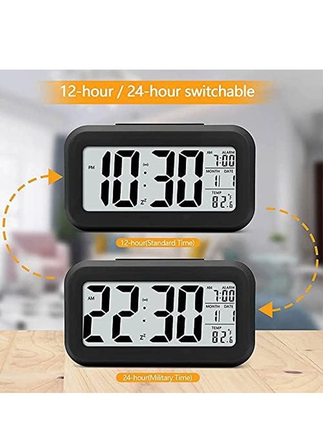Digital Alarm Clock with LCD Display, Desk Smart Electronic Small Clock with Indoor Temperature, Date, Light Sensor, Backlight, Battery Operated, for Home Bedroom Kids Office (Black) - Image 3