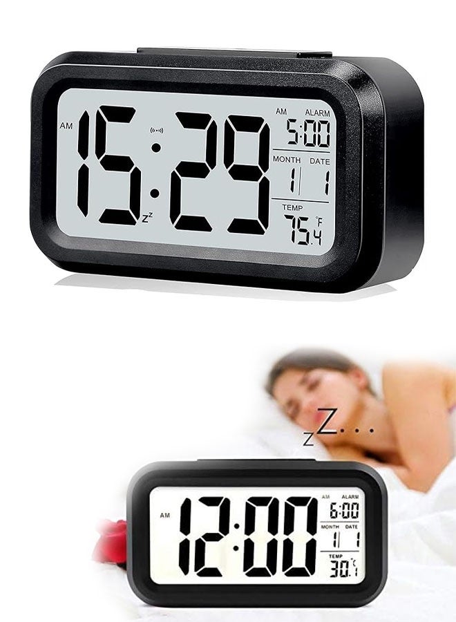 Digital Alarm Clock with LCD Display, Desk Smart Electronic Small Clock with Indoor Temperature, Date, Light Sensor, Backlight, Battery Operated, for Home Bedroom Kids Office (Black) - Image 1
