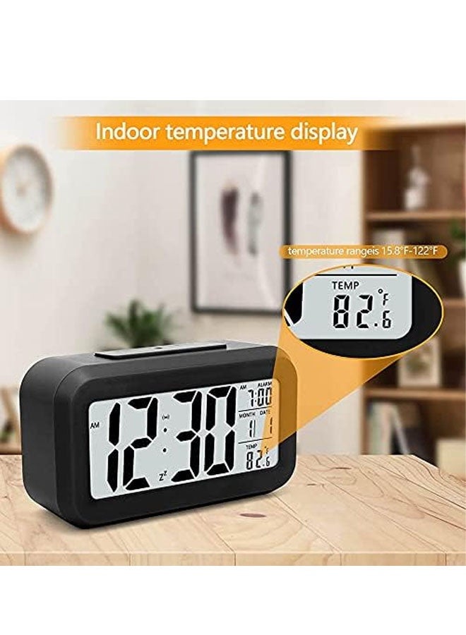 Digital Alarm Clock with LCD Display, Desk Smart Electronic Small Clock with Indoor Temperature, Date, Light Sensor, Backlight, Battery Operated, for Home Bedroom Kids Office (Black) - Image 2