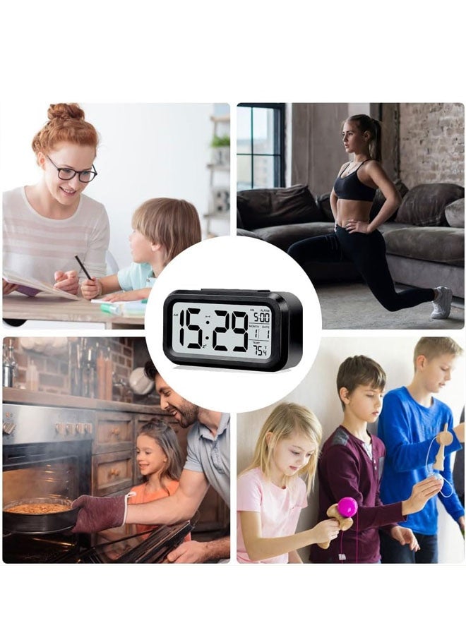 Digital Alarm Clock with LCD Display, Desk Smart Electronic Small Clock with Indoor Temperature, Date, Light Sensor, Backlight, Battery Operated, for Home Bedroom Kids Office (Black) - Image 4