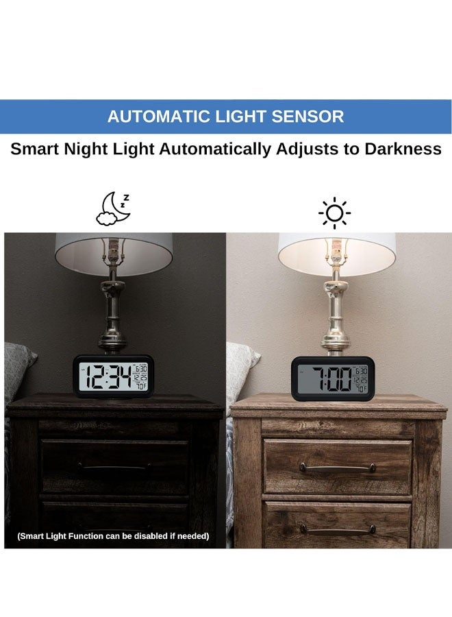 Digital Alarm Clock with LCD Display, Desk Smart Electronic Small Clock with Indoor Temperature, Date, Light Sensor, Backlight, Battery Operated, for Home Bedroom Kids Office (Black) - Image 5
