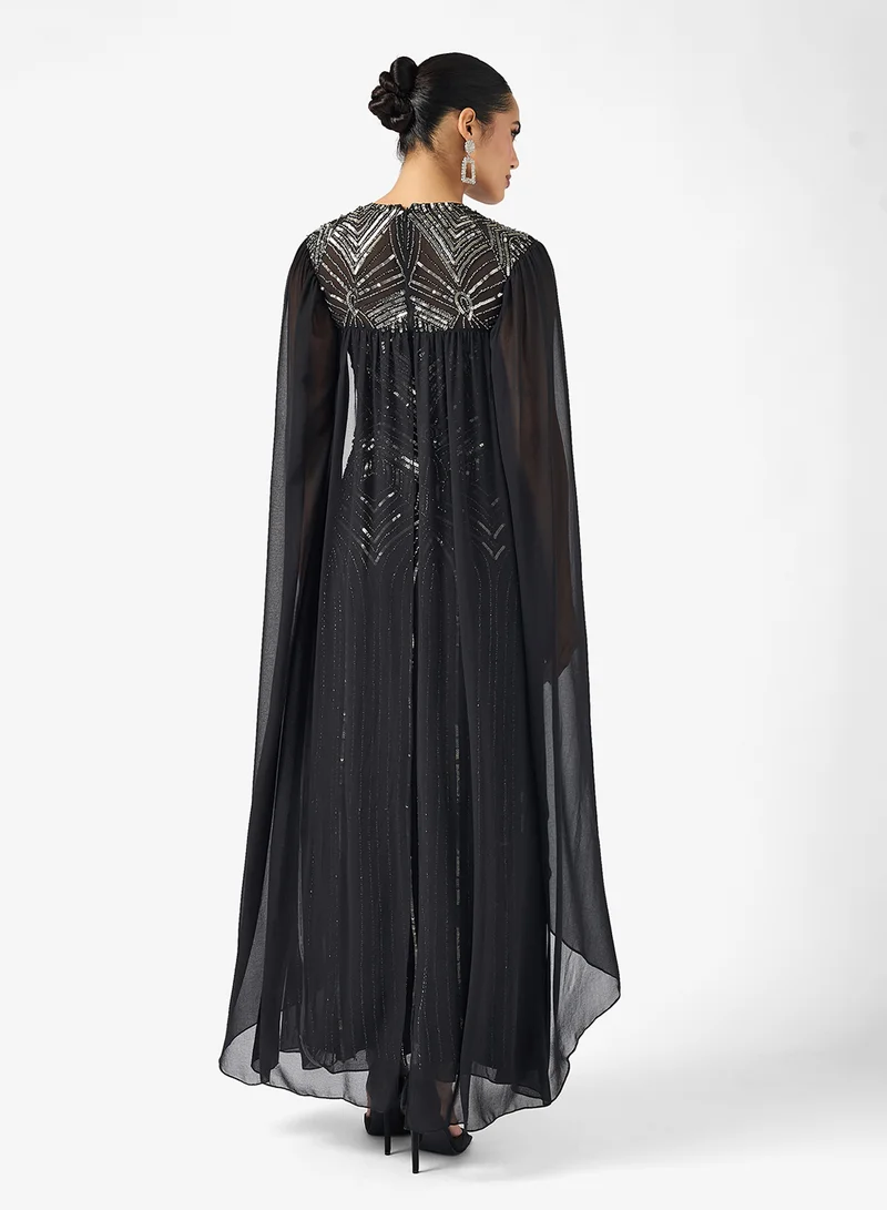 Amelia Rose Cape Sleeve Sequin Tiered Maxi Dress