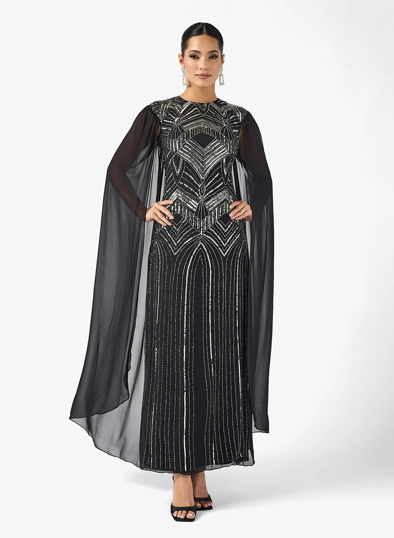 Amelia Rose Cape Sleeve Sequin Tiered Maxi Dress