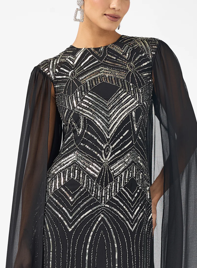 Amelia Rose Cape Sleeve Sequin Tiered Maxi Dress