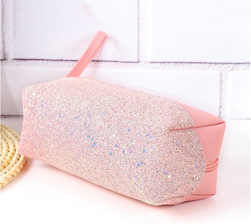 Portable Sparkle Makeup Bag Rose Pink Pu Leather Small Travel Cosmetics Pouch - Image 1