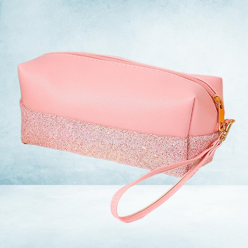 Portable Sparkle Makeup Bag Rose Pink Pu Leather Small Travel Cosmetics Pouch - Image 5