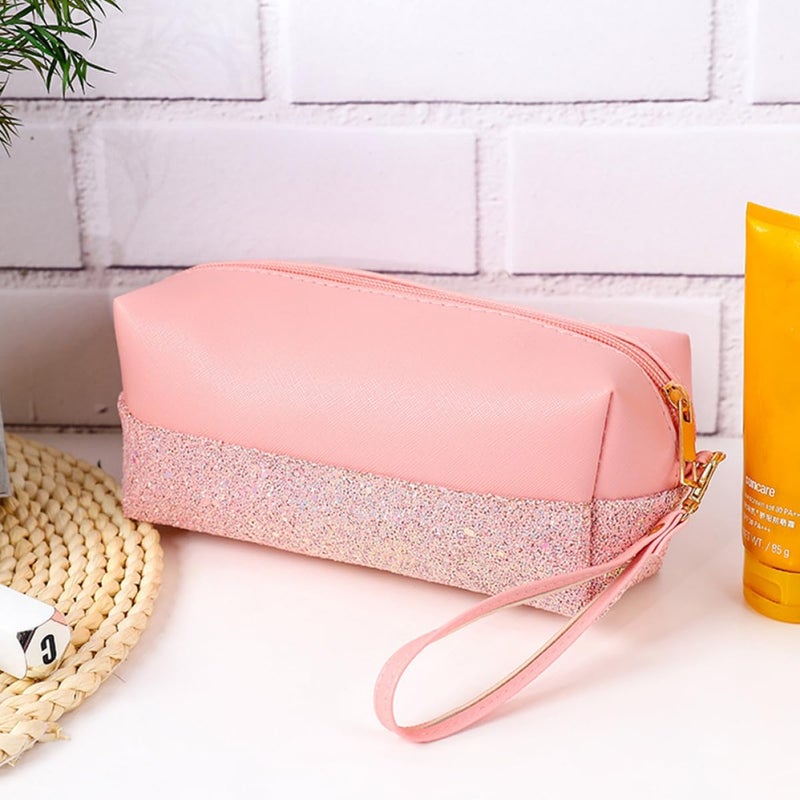 Portable Sparkle Makeup Bag Rose Pink Pu Leather Small Travel Cosmetics Pouch - Image 4