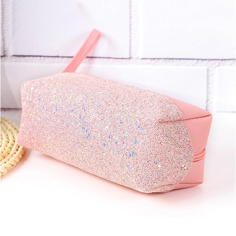 Portable Sparkle Makeup Bag Rose Pink Pu Leather Small Travel Cosmetics Pouch - Image 2