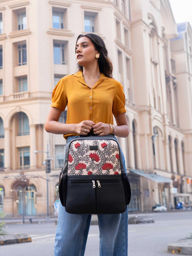 ZOUK Nawabi Couture Floral Printed Jute Vegan Leather Beige and Red Unisex Checkpoint Friendly Laptop Office Backpack 15.6 inch - Image 2
