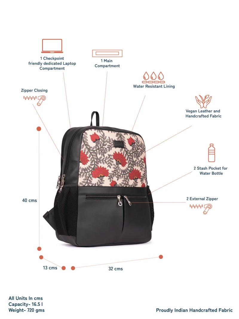 ZOUK Nawabi Couture Floral Printed Jute Vegan Leather Beige and Red Unisex Checkpoint Friendly Laptop Office Backpack 15.6 inch - Image 4