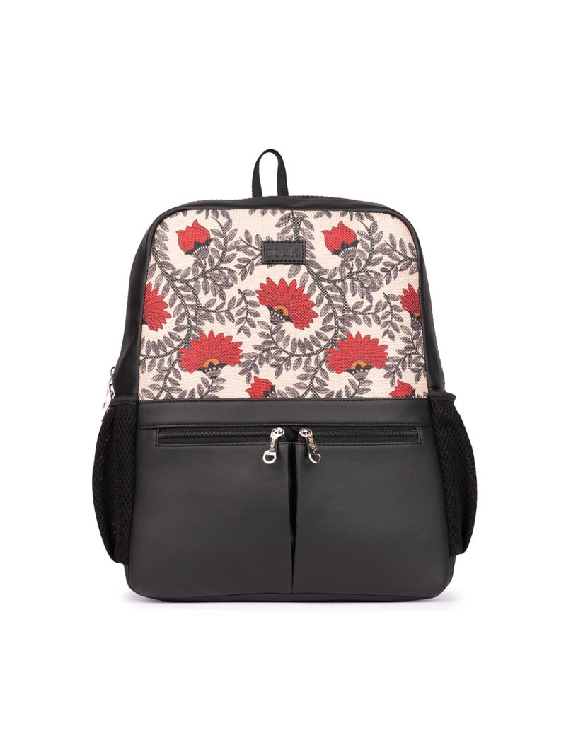 ZOUK Nawabi Couture Floral Printed Jute Vegan Leather Beige and Red Unisex Checkpoint Friendly Laptop Office Backpack 15.6 inch - Image 1