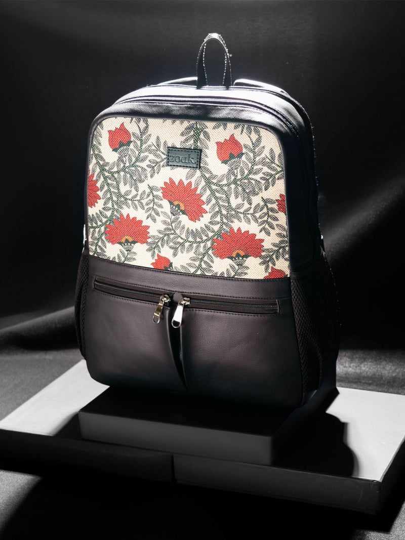 ZOUK Nawabi Couture Floral Printed Jute Vegan Leather Beige and Red Unisex Checkpoint Friendly Laptop Office Backpack 15.6 inch - Image 3