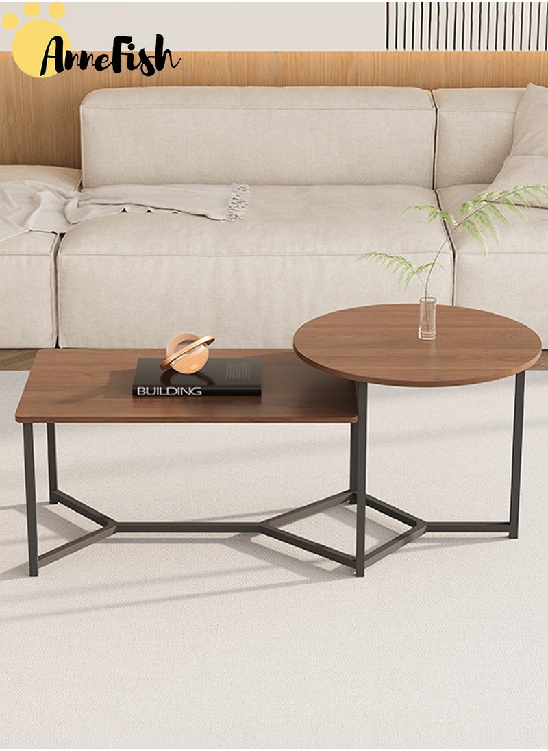 AnneFish Integrated 2 Piece Coffee Table Set Simple Nesting Table Home Sofa Centre Table For Living Room Square And Round  - Image 2