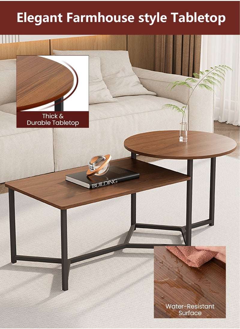 AnneFish Integrated 2 Piece Coffee Table Set Simple Nesting Table Home Sofa Centre Table For Living Room Square And Round  - Image 4