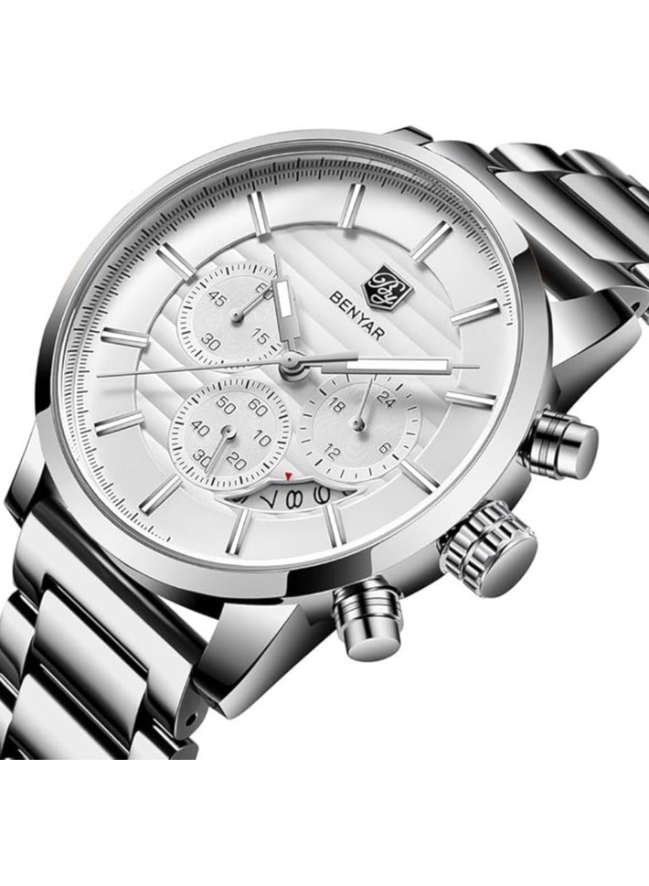 BENYAR Mens watch Multifunction chronograph date quartz watch Stainless steel strap Analog watch Men's casual business gift - Image 2