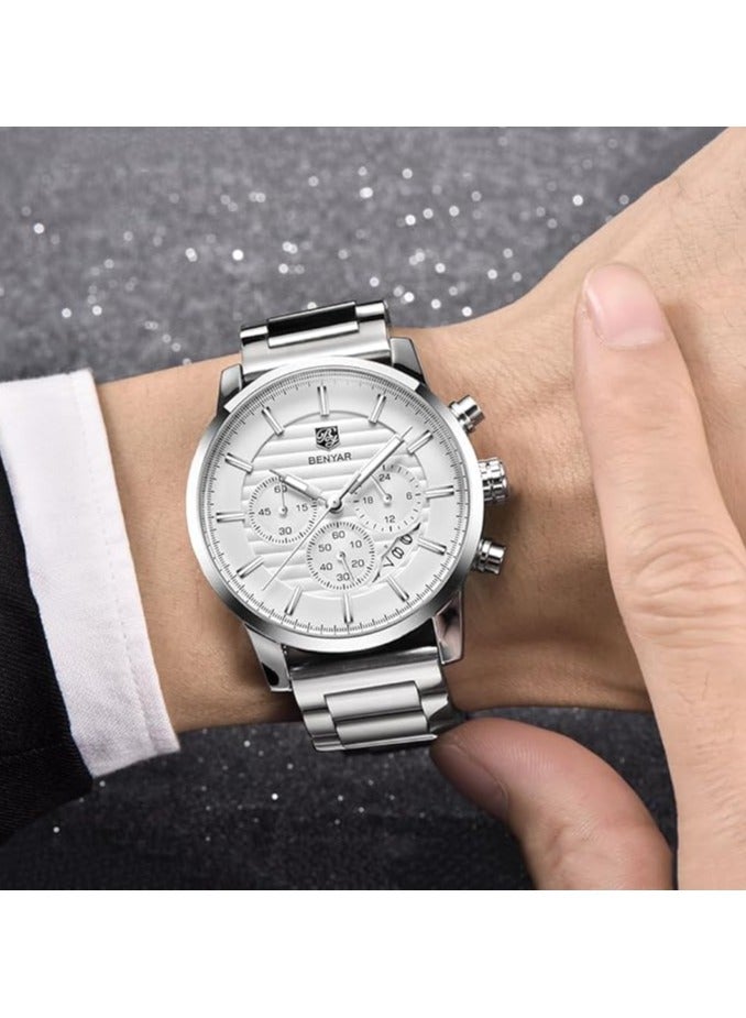 BENYAR Mens watch Multifunction chronograph date quartz watch Stainless steel strap Analog watch Men's casual business gift - Image 3
