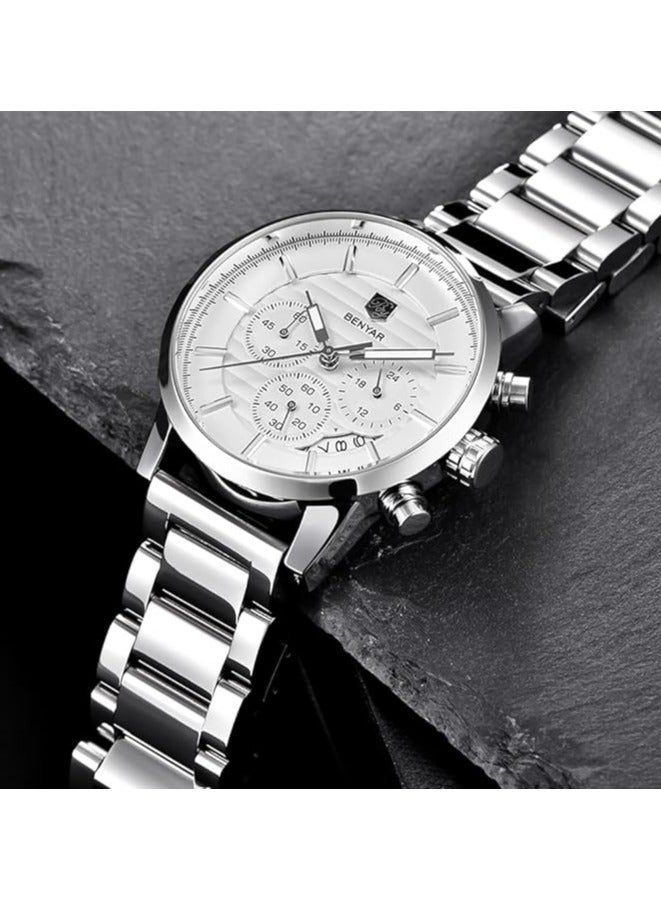 BENYAR Mens watch Multifunction chronograph date quartz watch Stainless steel strap Analog watch Men's casual business gift - Image 4