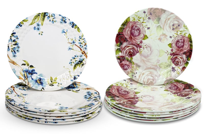 KONVIO Kitchen Melamine Dinner Plates Set of 12, White Floral Design with Pink Floral Design Unbreakable Plates (11 inches) - 12 Pieces - Image 1