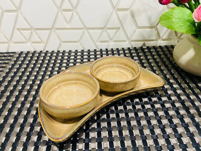 ALTAICA Prime Porcelain Serving Platter with Two Dip Bowls for Snacks, Starter - Perfect for Modern Kitchen- Half Moon Shape Platter Design Metallic Brown Colour - Image 1