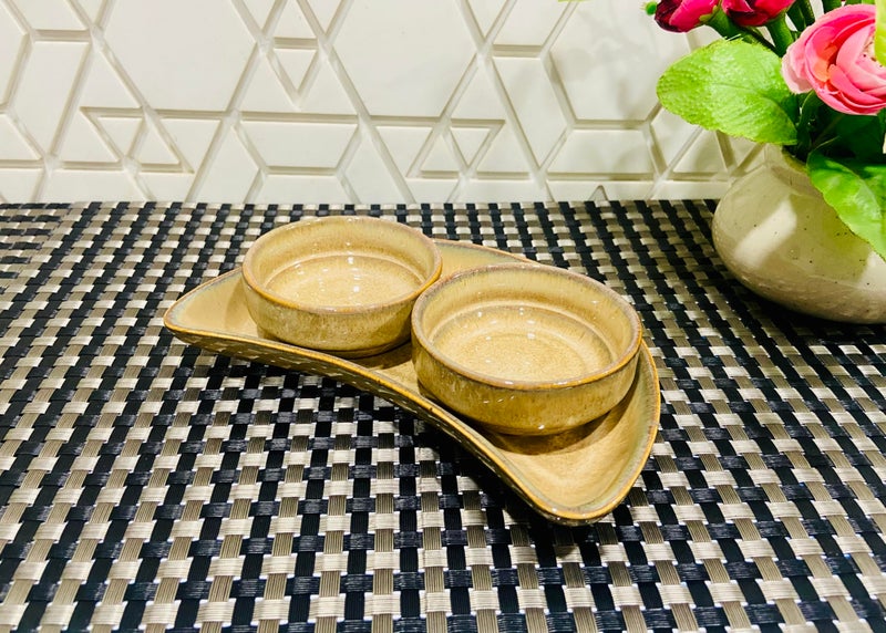 ALTAICA Prime Porcelain Serving Platter with Two Dip Bowls for Snacks, Starter - Perfect for Modern Kitchen- Half Moon Shape Platter Design Metallic Brown Colour - Image 3