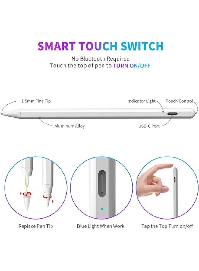 Stylus Pen for iPad with Palm Rejection – Type-C Fast Charging, 3 Replaceable Tips, Compatible with iPad Pro, Air & Mini – White - Image 4