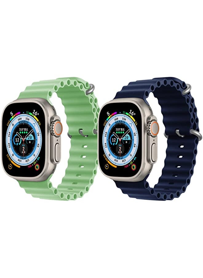 IAF - Silicone Ocean Band Strap for Apple Watch Ultra 8 49mm Mint Green Single Color Strap with Navy Blue Single Color Strap Set of 2 - Image 1