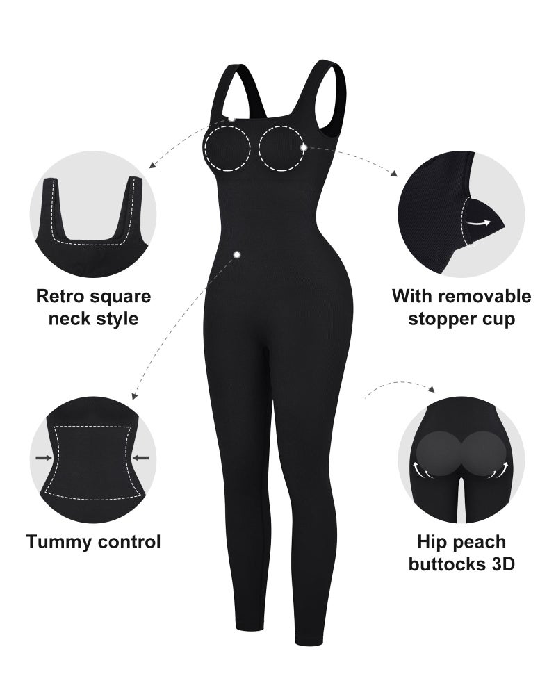 Popilush Jumpsuits for Women Built-In Bra Square Neck Ribbed Bodycon Workout Seamless Leggings Rompers Bodysuits Black Jumpsuit - Image 3