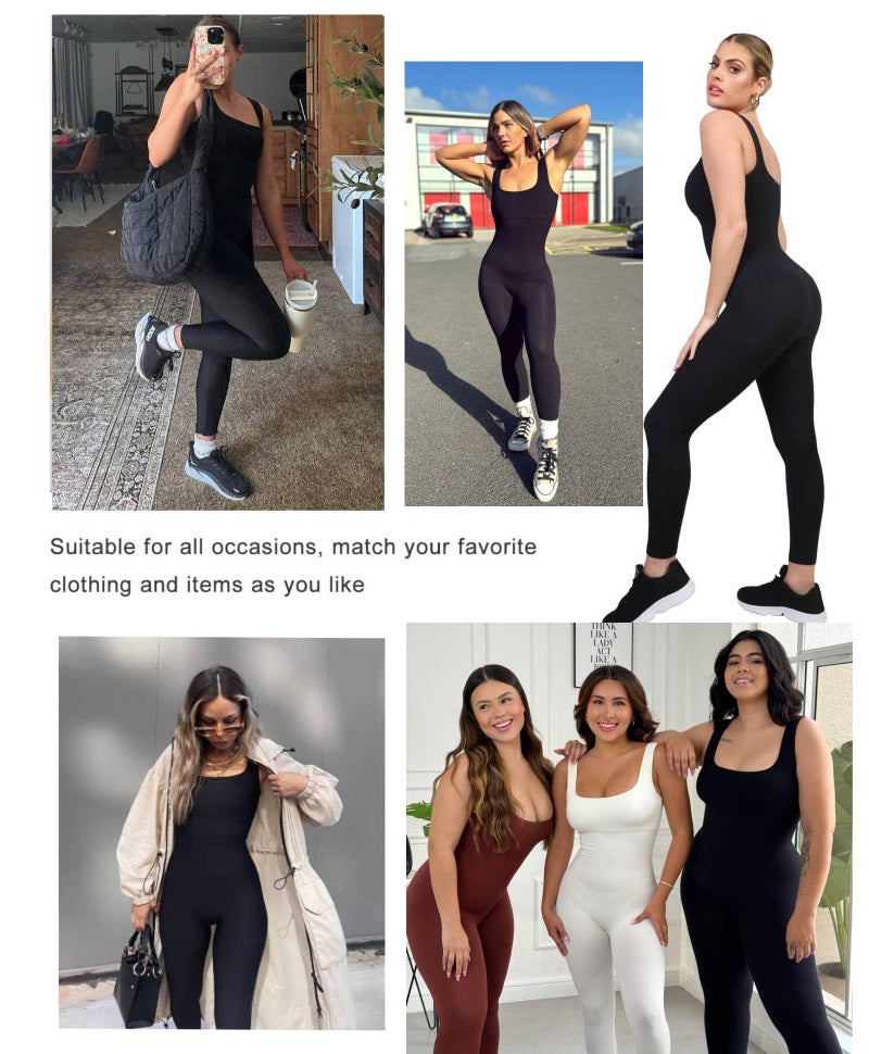 Popilush Jumpsuits for Women Built-In Bra Square Neck Ribbed Bodycon Workout Seamless Leggings Rompers Bodysuits Black Jumpsuit - Image 2