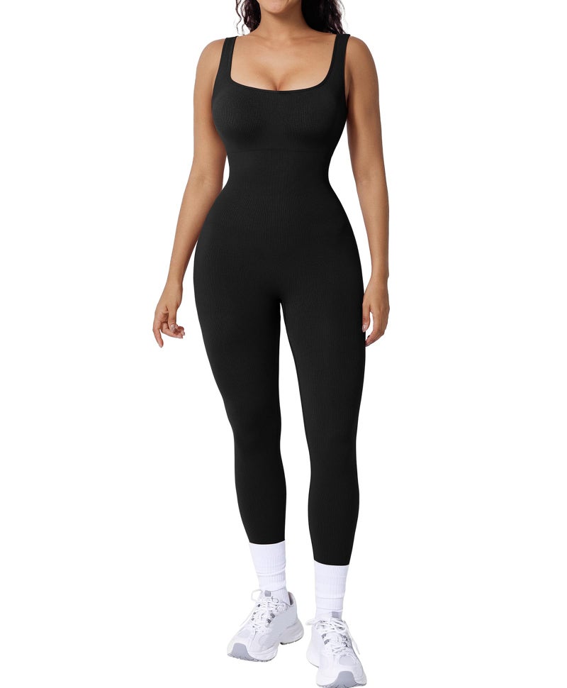 Popilush Jumpsuits for Women Built-In Bra Square Neck Ribbed Bodycon Workout Seamless Leggings Rompers Bodysuits Black Jumpsuit - Image 1
