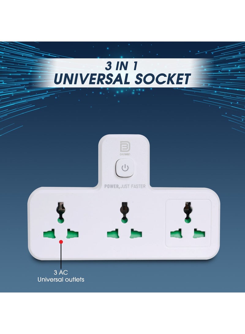 DANEEN 3-in-1 Multi-plug power extension socket with 3 Outlets, Surge Protector, LED indicator light, Universal adapter & charging station for multiple devices (White) (Model: SC2313) - Image 1