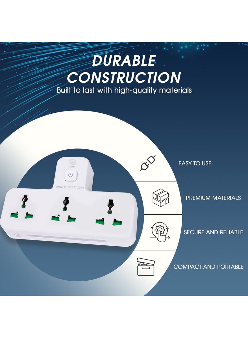 DANEEN 3-in-1 Multi-plug power extension socket with 3 Outlets, Surge Protector, LED indicator light, Universal adapter & charging station for multiple devices (White) (Model: SC2313) - Image 3