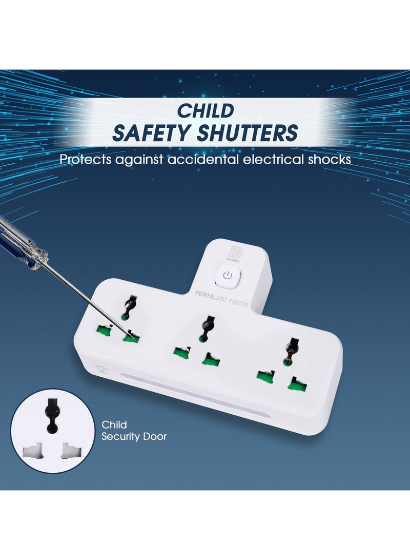 DANEEN 3-in-1 Multi-plug power extension socket with 3 Outlets, Surge Protector, LED indicator light, Universal adapter & charging station for multiple devices (White) (Model: SC2313) - Image 5