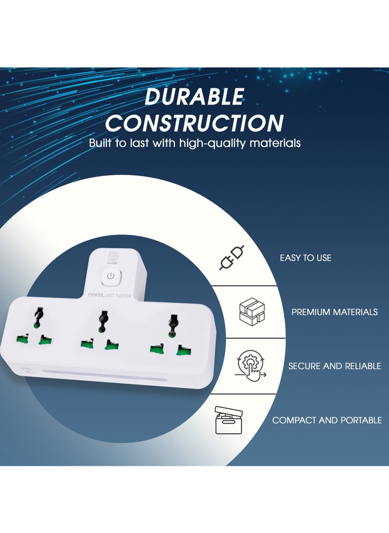 DANEEN 3-in-1 Multi-plug power extension socket with 3 Outlets, Surge Protector, LED Night light, Universal adapter & charging station for multiple devices (White) (Model: SC2311)  - Image 3