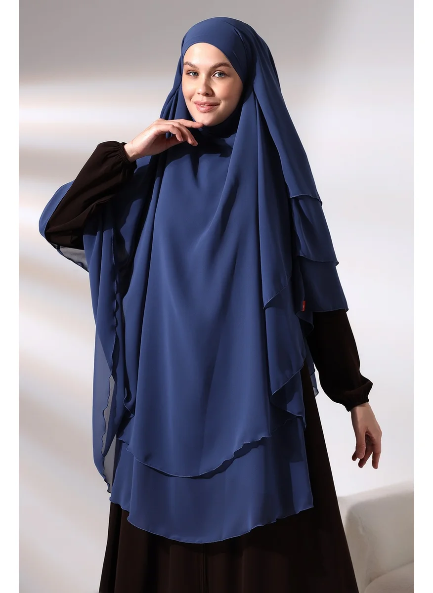 İhvan Ihvan Blue Three Layer Veiled Long Chiffon Hijab Soufflé Scarf
