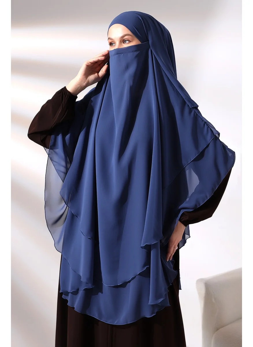 İhvan Ihvan Blue Three Layer Veiled Long Chiffon Hijab Soufflé Scarf