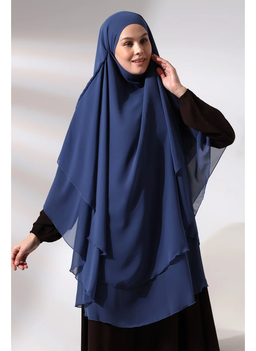 İhvan Ihvan Blue Three Layer Veiled Long Chiffon Hijab Soufflé Scarf