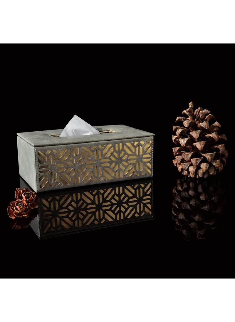 Admire Home - Admire Home Car Tissue Box Embroidered Faux Leather Tissue BoxRectangular Napkin HolderTissue Paper Case DispenserFacial Tissue Holder for HomeOffice Grey Gold - Image 1
