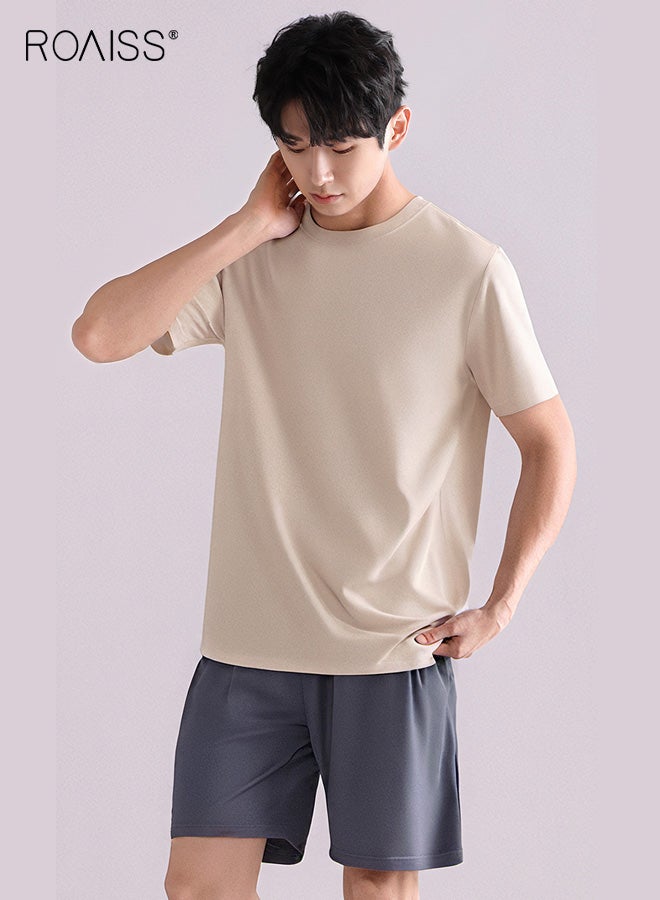 رويس بيجامات صيفية للرجال من الحرير الجليدي بأكمام قصيرة ومقاس كبير، بدلة منزلية، نسيج خفيف الوزن قابل للتنفس، فضفاض ومريح للطقس الحار، ملمس ناعم وأملس لملابس النوم والاسترخاء - Image 3