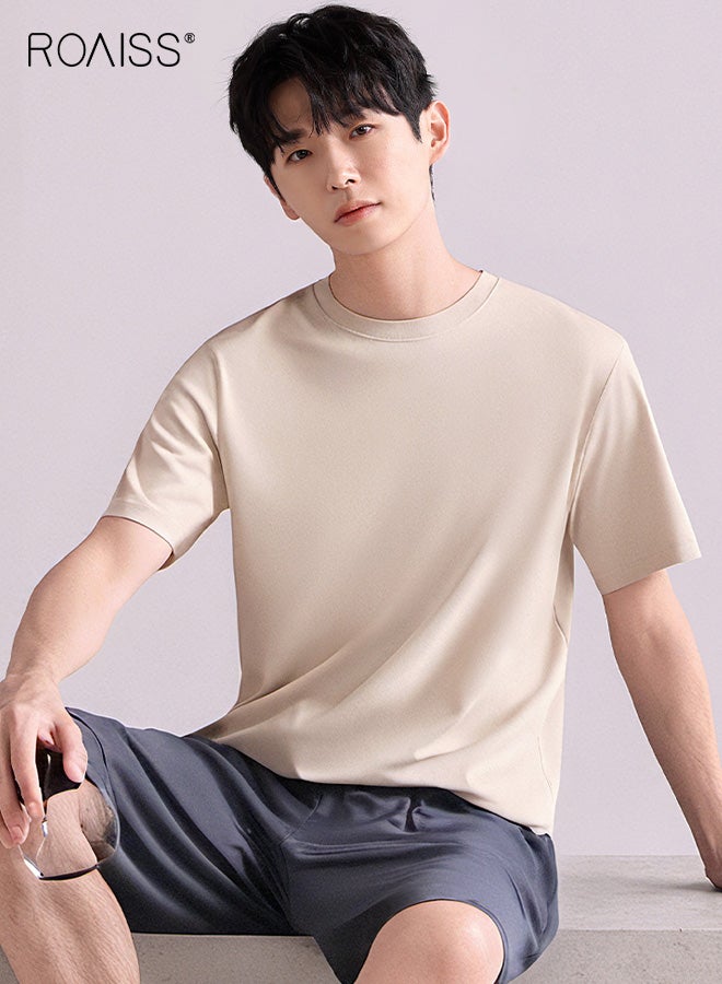 رويس بيجامات صيفية للرجال من الحرير الجليدي بأكمام قصيرة ومقاس كبير، بدلة منزلية، نسيج خفيف الوزن قابل للتنفس، فضفاض ومريح للطقس الحار، ملمس ناعم وأملس لملابس النوم والاسترخاء - Image 2