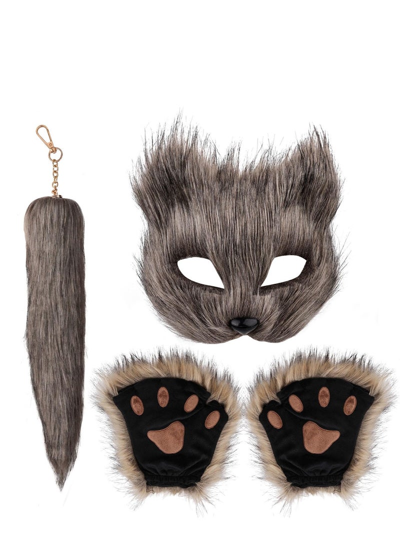 SYOSI Therian Mask and Tail Set for Girls Cat Mask Tail Cosplay Fox Mask Wolf Tail, Brown - Image 1