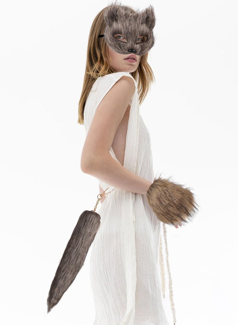 SYOSI Therian Mask and Tail Set for Girls Cat Mask Tail Cosplay Fox Mask Wolf Tail, Brown - Image 4