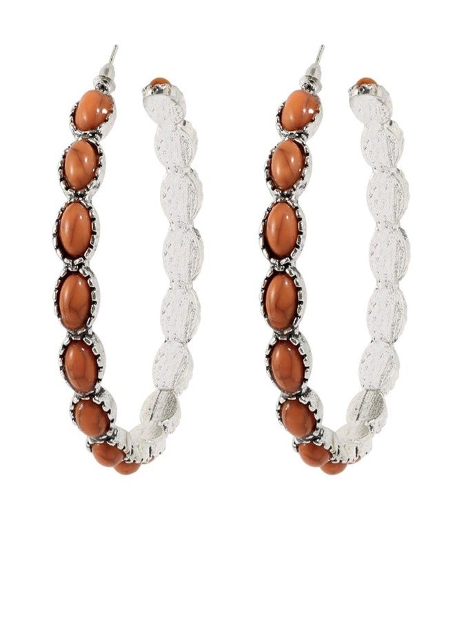 Pingyongchang Boho Turquoise Hoop Earrings for Women Cowgirl Western Beaded Dangle Earring Vintage Ethnic Alloy Pendant Jewelry Mother's Day Gift-Orange Brown - Image 1