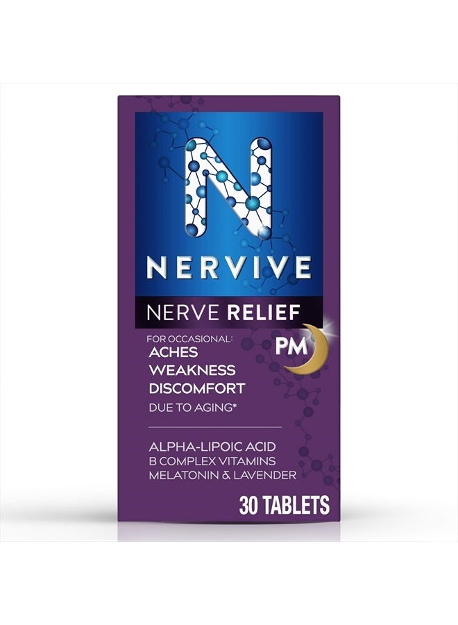 Nervive تخفيف الأعصاب PM، لآلام الأعصاب، الضعف، وعدم الراحة في الأصابع، أصابع القدم، اليدين، والقدمين*†، حمض ألفا ليبويك ALA، فيتامين B1، فيتامين B6، ميلاتونين، بابونج، لافندر، إمداد أقراص لمدة 30 يومًا - Image 1