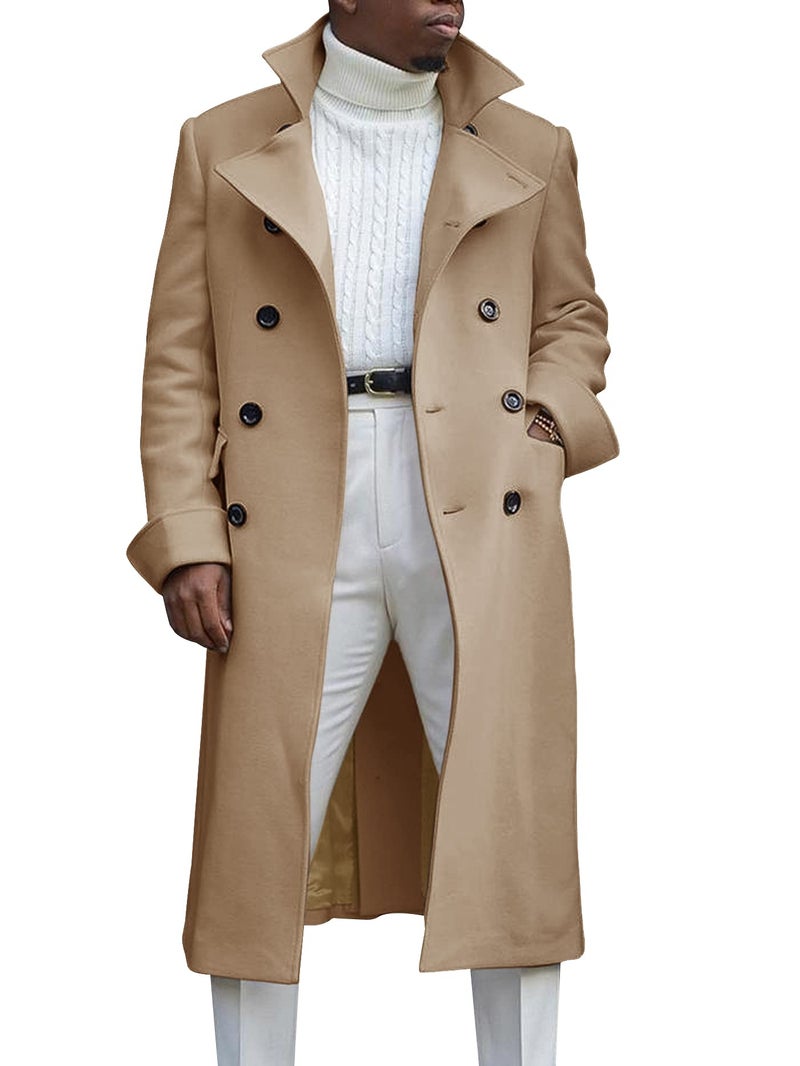 Ebifin Men's Notch Lapel Double Breasted Long Trench Coat Casual Cotton Blend Peacoat - Image 1
