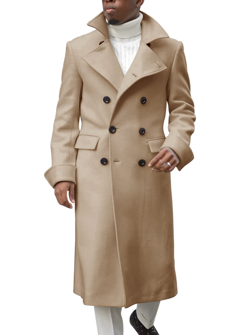 Ebifin Men's Notch Lapel Double Breasted Long Trench Coat Casual Cotton Blend Peacoat - Image 3
