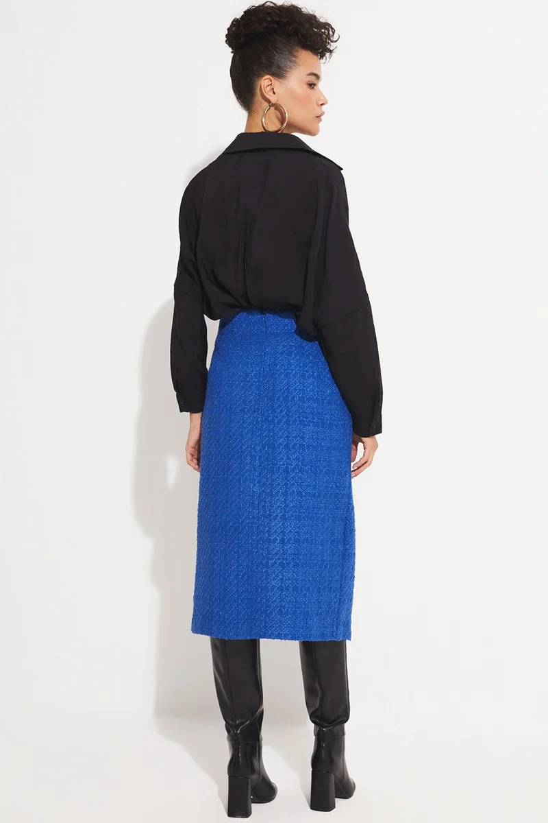 JUNE Women's Straight Cut Slit Detailed Front Buttoned Midi Length Woven Skirt
